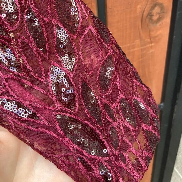 MAC DUGGAL Long Sleeve Sequined Lace Ruched Gown Garnet size 16 NWT - Picture 8 of 13